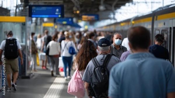 Fototapeta Busy train station filled with commuters wearing masks, showcasing clear safety signage and vibrant atmosphere. scene captures hustle and bustle of daily travel