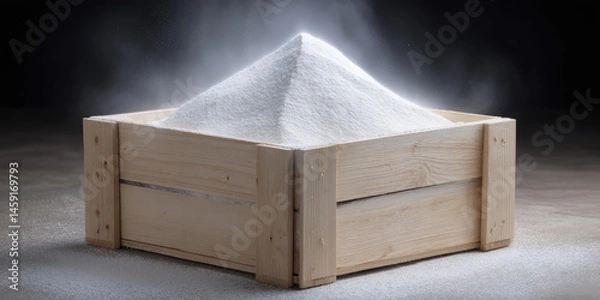 Fototapeta A pile of white sugar is contained within a wooden box, creating a dusting effect around it. Texture contrast and overt sweetness