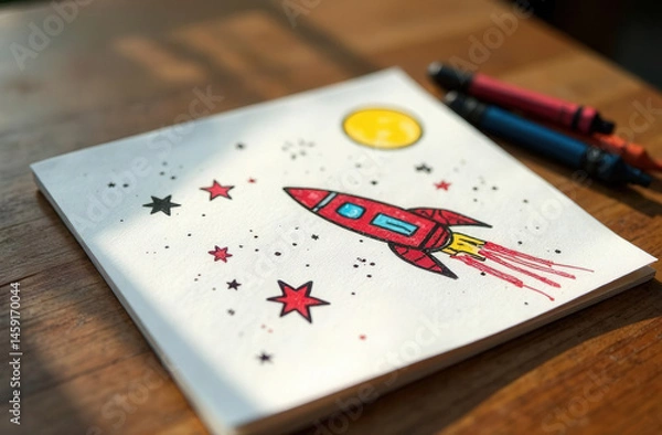 Fototapeta A child’s drawing of space: stars, moon, and a rocket, made with colorful crayons on white paper. Black, yellow and red tones, placed on a wooden surface