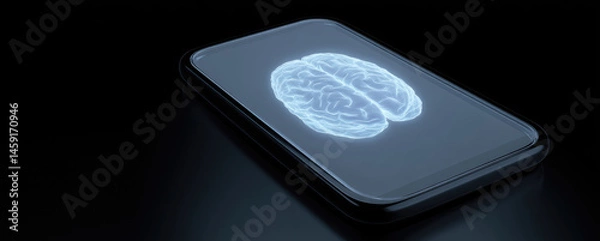Fototapeta A glowing brain image is displayed on a smartphone screen on a dark surface. Concept: technology merging with human intellect