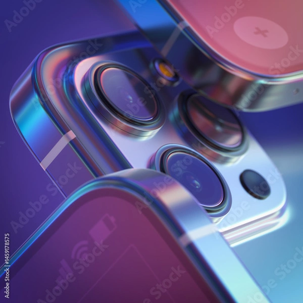 Fototapeta The modern iridescent smartphone camera module with three lens. Macro view with selective focus, 3d render