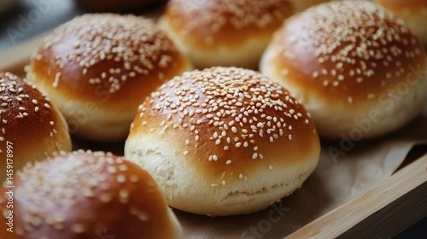 Fototapeta Golden, fluffy sesame-topped bread rolls, perfect for burgers, sandwiches, or as a side to meals. Soft texture and a lightly crisp crust