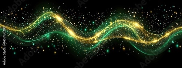 Fototapeta Abstract wavy lines of shimmering gold and emerald green particles against a black background