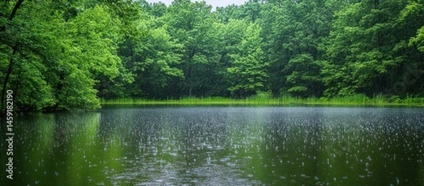 Fototapeta A serene lake in a lush forest during a gentle rain.