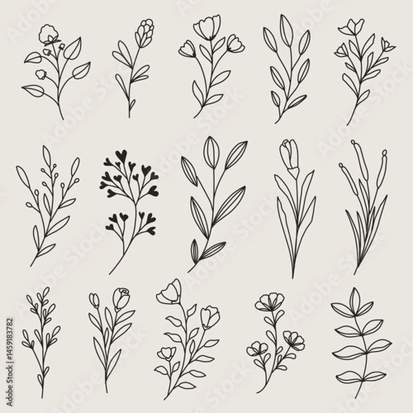 Fototapeta Minimalist hand drawn botanical lineart set, tiny flower tattoo design, floral element ilustration, suitable for invitation design, label, tattoo, and manymore