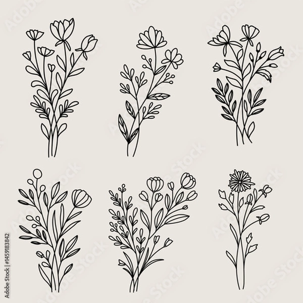 Fototapeta Minimalist hand drawn botanical lineart set, tiny flower tattoo design, floral element ilustration, suitable for wedding invitation, label, and manymore