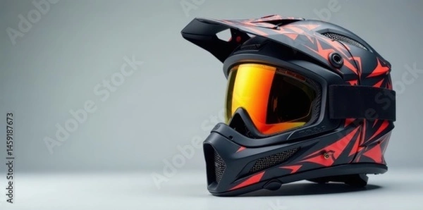 Fototapeta Close-up of helmet with mx goggles on grey studio background, adventure motorcycle, protective gear