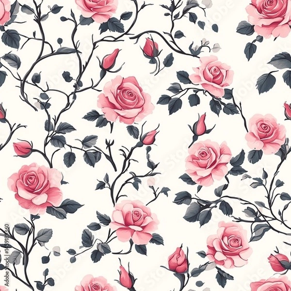Fototapeta Beautiful floral pattern featuring pink roses with lush green leaves on a soft backdrop. Seamless pattern.