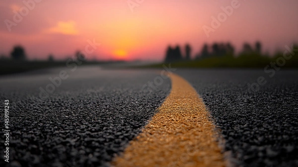 Fototapeta Close-up of asphalt road texture with yellow line, blurred sunset background, conveying journey, travel, or new beginning concept