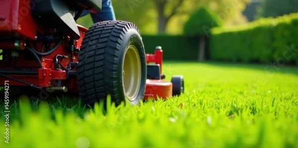 Fototapeta Close-up shot of zero turn mower slicing through blades of grass on a pristine lawn, grass cutting tips, landscaping supplies