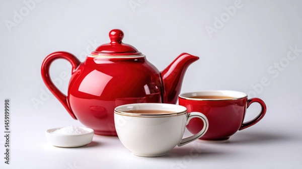 Fototapeta Classic red teapot with two teacups, one white and one red, filled with tea, accompanied by small white sugar bowl, creating cozy and inviting tea setting