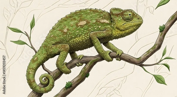 Obraz Illustrated chameleon rests on a winding tree limb drawn with ink and watercolor detail