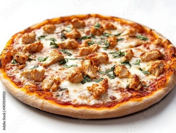 Fototapeta A delicious whole chicken pizza with melted mozzarella cheese and fresh basil is ready to eat.
