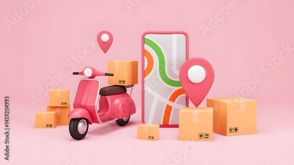 Fototapeta Delivery action with scooter and map interface urban setting 3d graphics focused viewpoint e-commerce concept