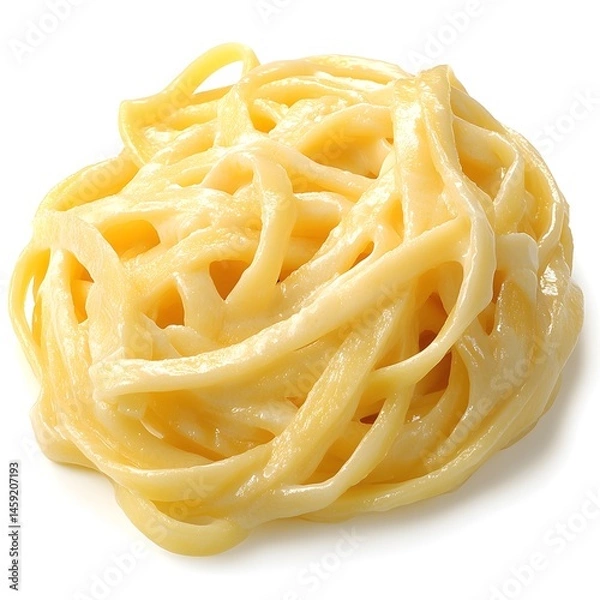 Fototapeta A delicious and creamy serving of fettuccine Alfredo pasta is presented on a white background for food photography.