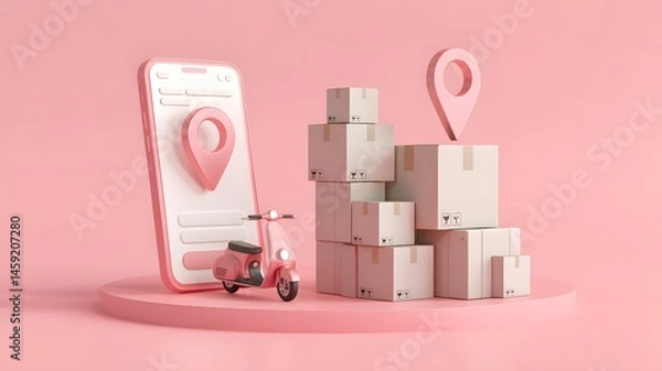 Obraz Delivery service revolution pink scooter phone app and boxes in vibrant environment