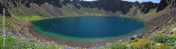 Fototapeta A captivating panoramic shot of a serene, deep blue lake nestled within majestic mountains.