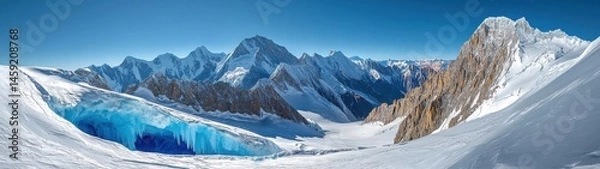 Fototapeta Stunning panorama reveals an expansive view of snow-capped mountains and an icy glacial landscape.