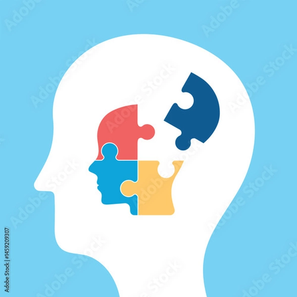 Obraz Mental health concept. completing puzzle. Vector illustration for therapy, psychology, and World Mental Health Day. Flat design on white background