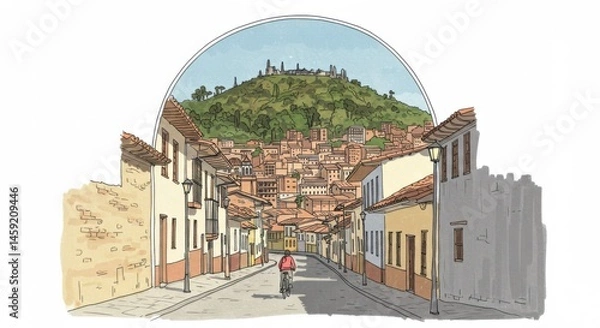 Obraz Colorful Bogotá: Monserrate Hill and Candelaria Districts Line Drawing