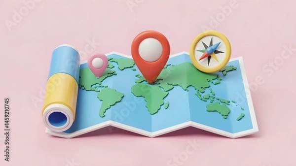 Obraz Exploring global destinations map and compass visualization digital art vibrant colors creative environment