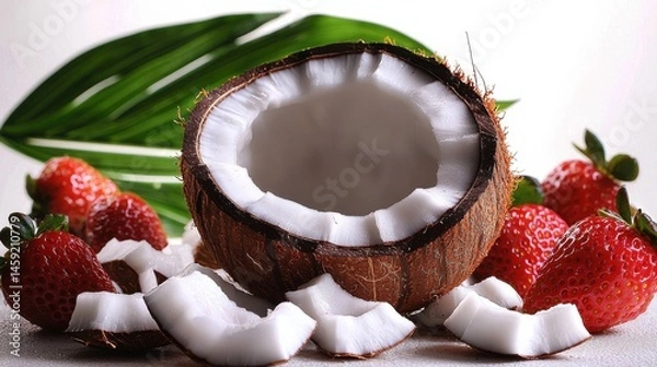 Fototapeta Fresh coconut halves, juicy strawberries, and coconut flakes create a tropical display.