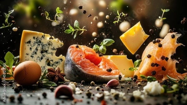 Fototapeta A visually stunning composition of gourmet ingredients, artfully arranged and presented for food lovers.