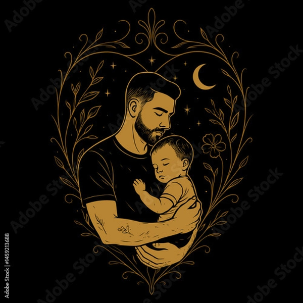 Fototapeta Vater hält Baby im Arm. Emotionale Vektorgrafik mit floralem, ornamentalen Rahmen. Modernes, symbolisches Design ideal für Vatertagsprojekte, Familienillustrationen oder Geschenkideen für Papas.