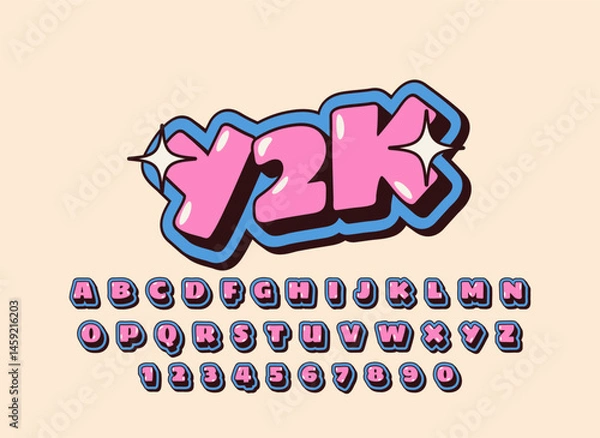 Fototapeta Pink bold cartoon text effect. Sticker slogan y2k. Editable alphabet