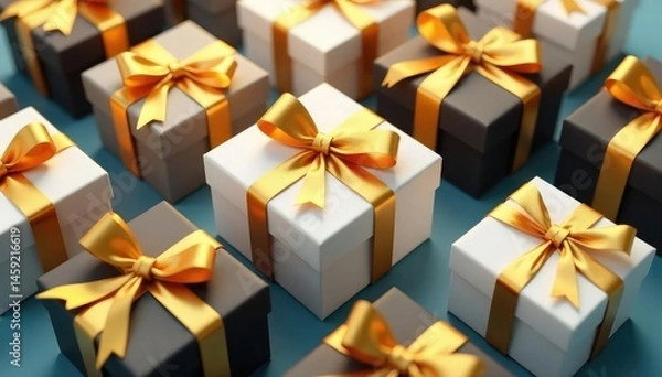 Fototapeta Elegant gold ribbon tied gift boxes, repeating pattern, textile, image