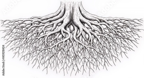 Fototapeta Intricate Tree Roots: A Black and White Illustration of Extensive Root System