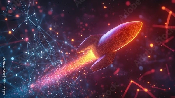 Fototapeta Futuristic Neon Rocket in Flight with Glowing Trail for Tech Design