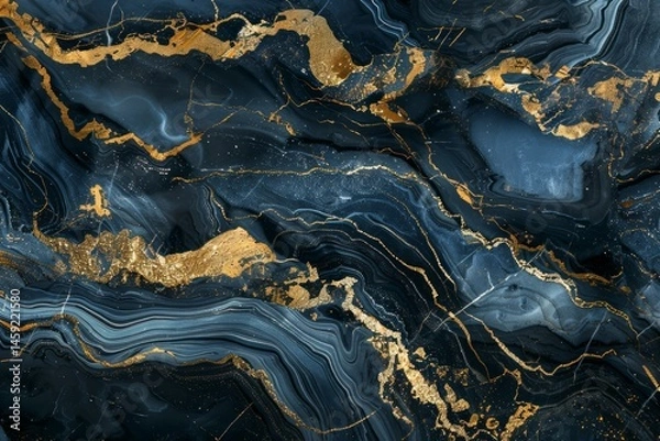 Fototapeta Photo of Navy blue dark marble pattern with golden veins. Background texture for backdrops or mapping
