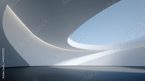 Fototapeta Abstract modern architectural interior with curved ceiling and floor illuminated by natural light from large window, minimalist design featuring a large white square structure, cinematic lighting, hyp