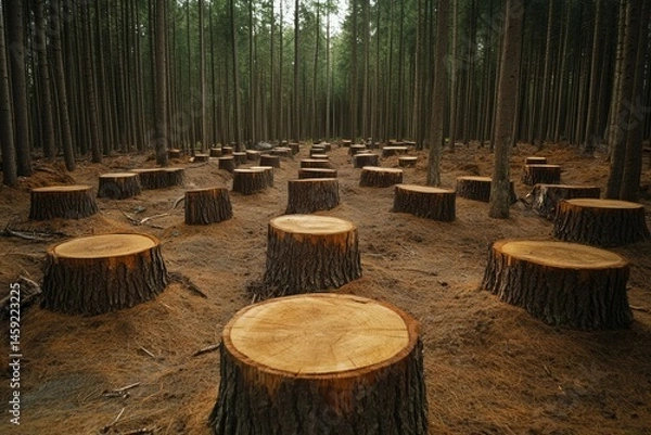 Fototapeta Stump arrangement in serene forest setting. Artificial Intelligence image