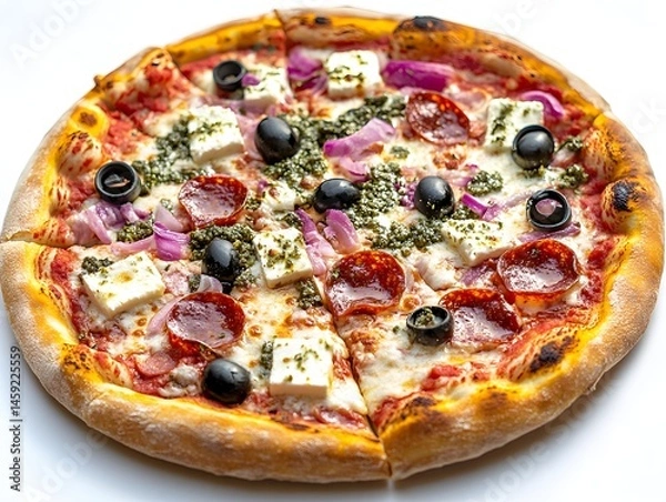 Fototapeta A delicious gourmet pizza topped with pepperoni, feta cheese, olives, red onion, and pesto sauce is ready to eat.
