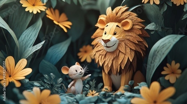 Fototapeta Unlikely Friends: Lion and Mouse Smiling in Papercut Forest of Kindness