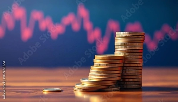 Fototapeta Downward-trending graph overlaid with a stack of coins depicting falling interest rates, investment, graph