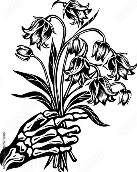 Fototapeta SVG artwork blending botanical horror with skulls and eerie flowers. Skeleton Hand Holding Beautiful Blooming Flowers Design Element