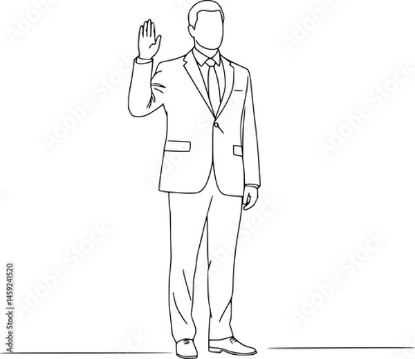 Fototapeta businessman speaking at the podium while giving gesture of lifting one hand up. Inspirational speech. Conference stage. Single line draw design vector illustration