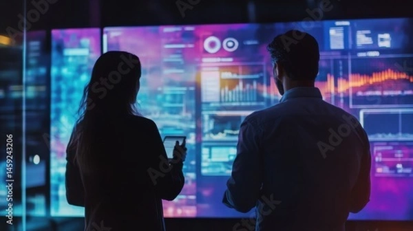 Fototapeta Data analysts reviewing real-time analytics dashboards in a modern office setting