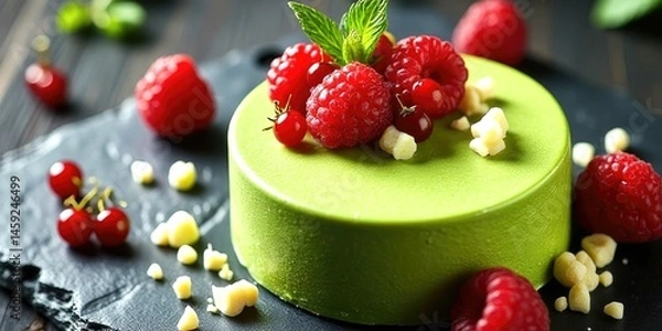 Fototapeta Green mousse cake with fresh raspberries and currants on slate plate