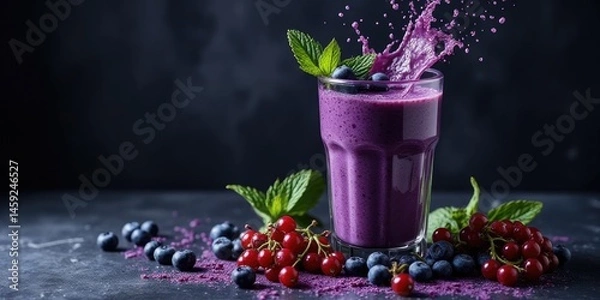 Fototapeta Refreshing berry smoothie splash with fresh mint and berries