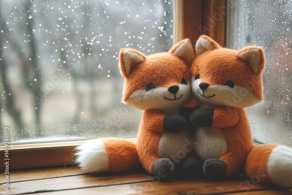 Fototapeta Serene Fox Plushies Embracing by Window in Cozy Indoor Setting