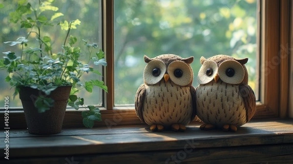Fototapeta Serene Owl Figurines Embodying Quiet Companionship on Sunlit Windowsill
