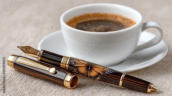 Obraz Elegant Butterfly Design Fountain Pen Coffee Cup Still Life Luxury Writing Instrument