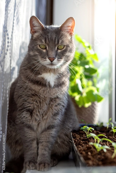 Obraz A cat is basking in the sun on a windowsill in the house.