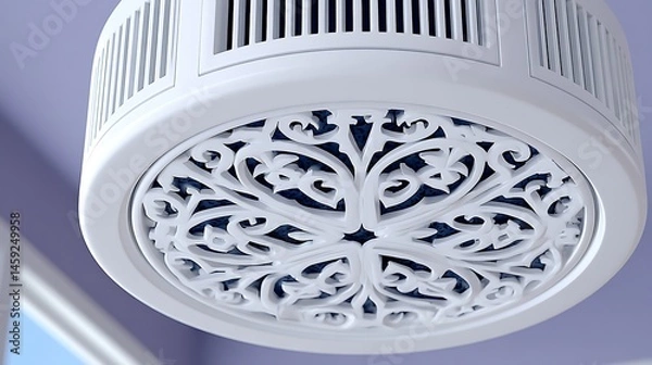 Fototapeta Futuristic round window with white and blue industrial ceiling and circular design elements