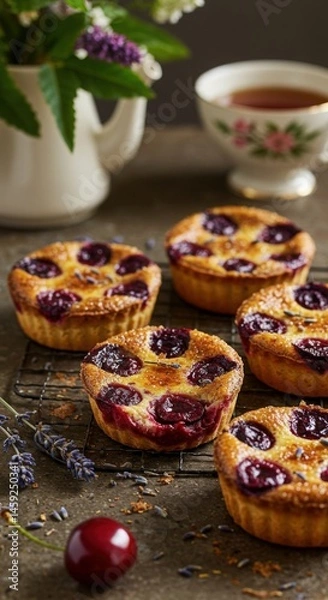 Fototapeta Aromatic Cherry Earl Grey Clafoutis Tartlets with Lavender Brûlée