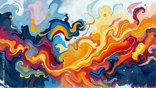 Obraz Vibrant Abstract Fluid Art, Dynamic Swirls of Blue, Orange, and Yellow
